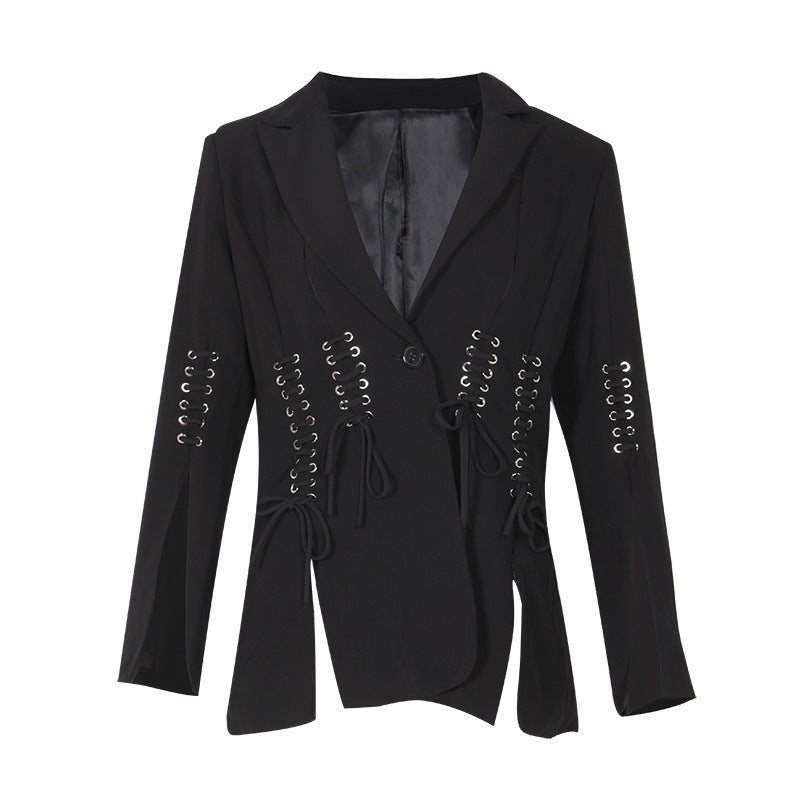 Women’s Black Slim-Fit Blazer – Open-Front Tie Long-Sleeve Office Jacket, S–Mves