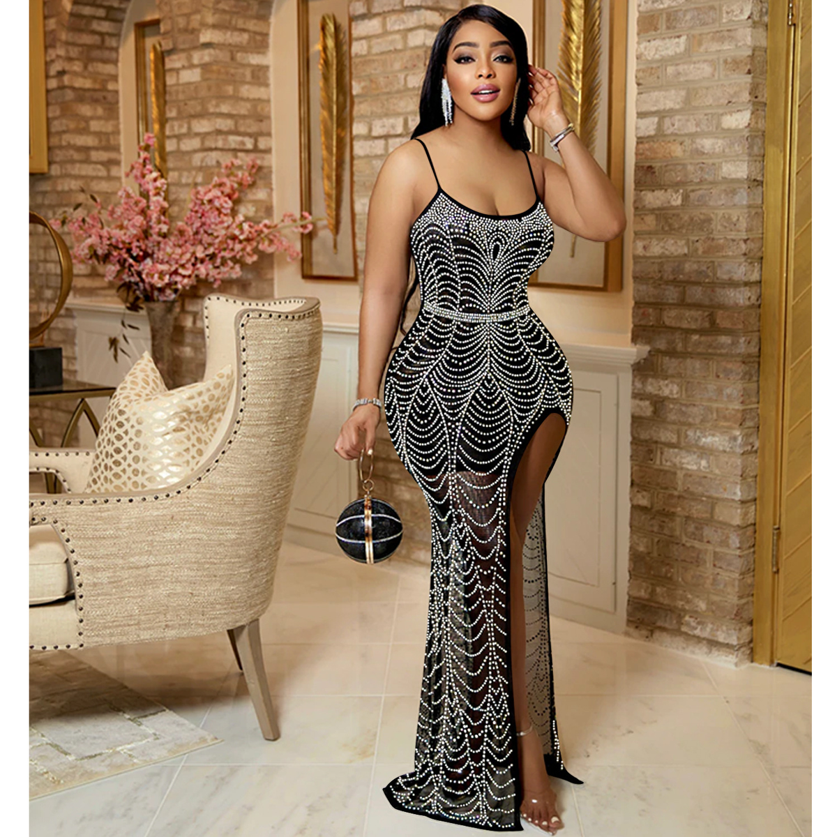 Women’s Rhinestone Sling Party Dress – Asymmetric Mesh Sleeveless Evening Dress, S–XXL