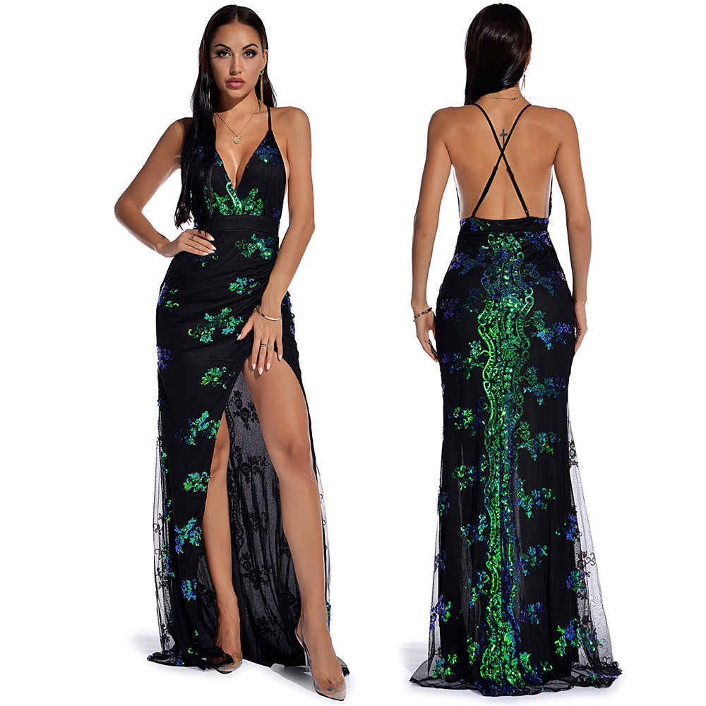 Sequined Sleeveless Backless Maxi Dress – Women’s Elegant A-Line Evening Gown