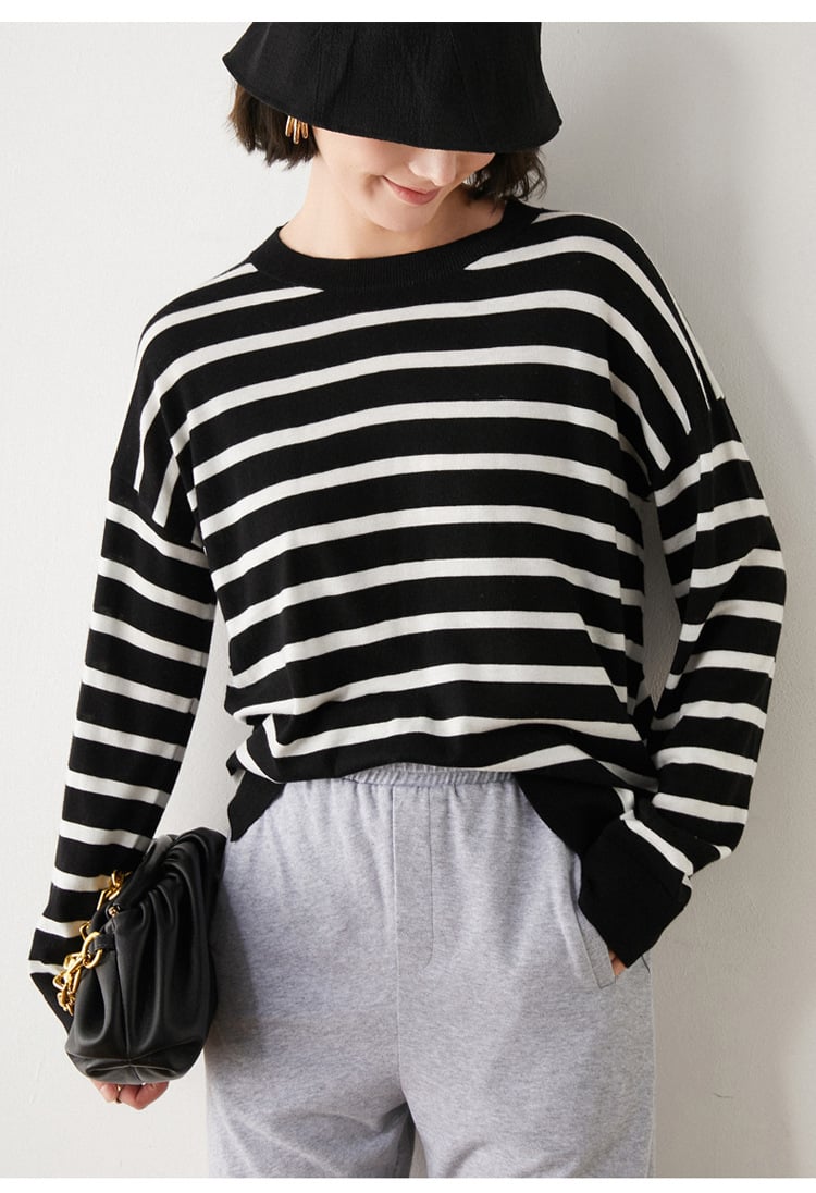 Striped Long Sleeve Round Neck T-Shirt for Women