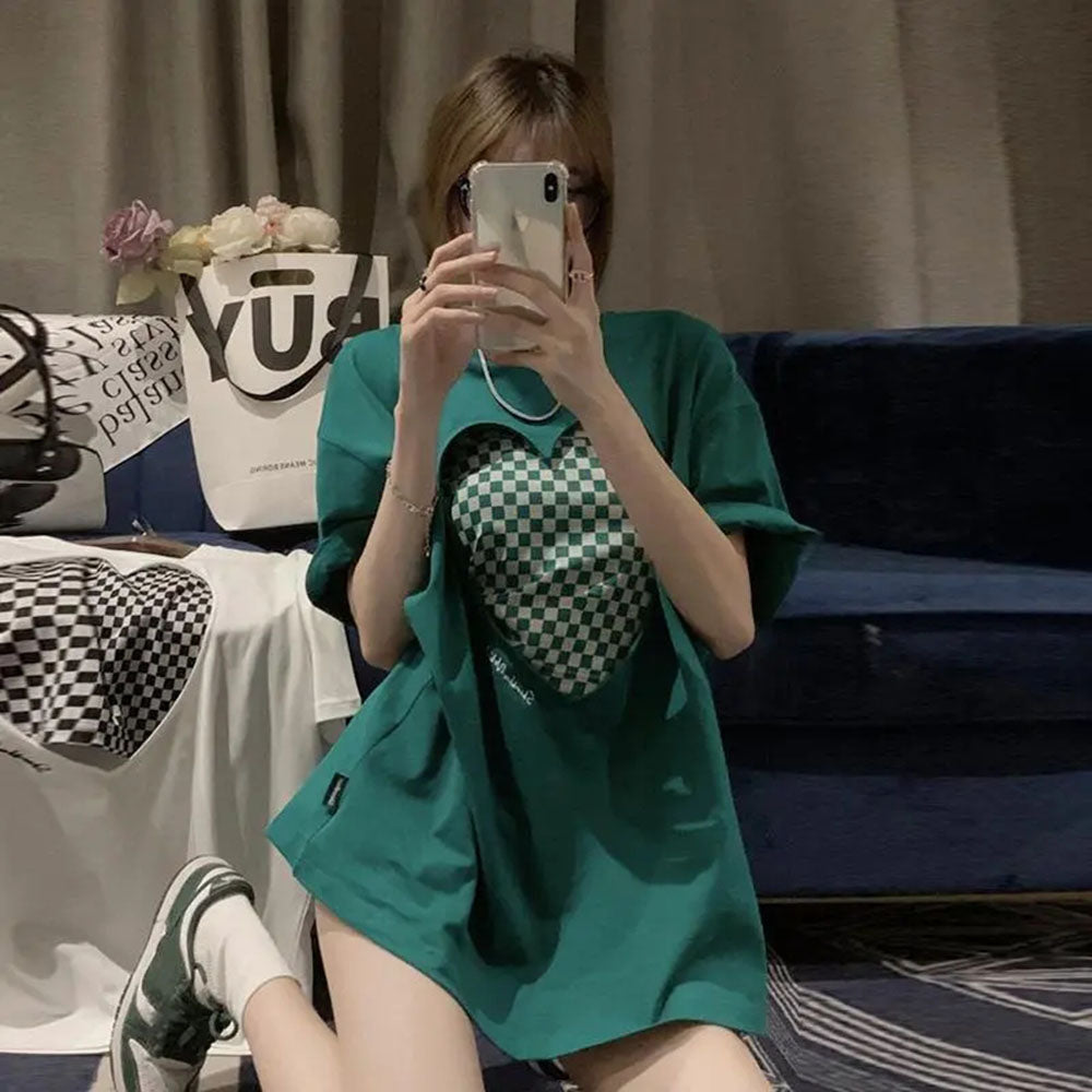 Korean Plaid Oversized T-Shirt Two-Piece Set for Women