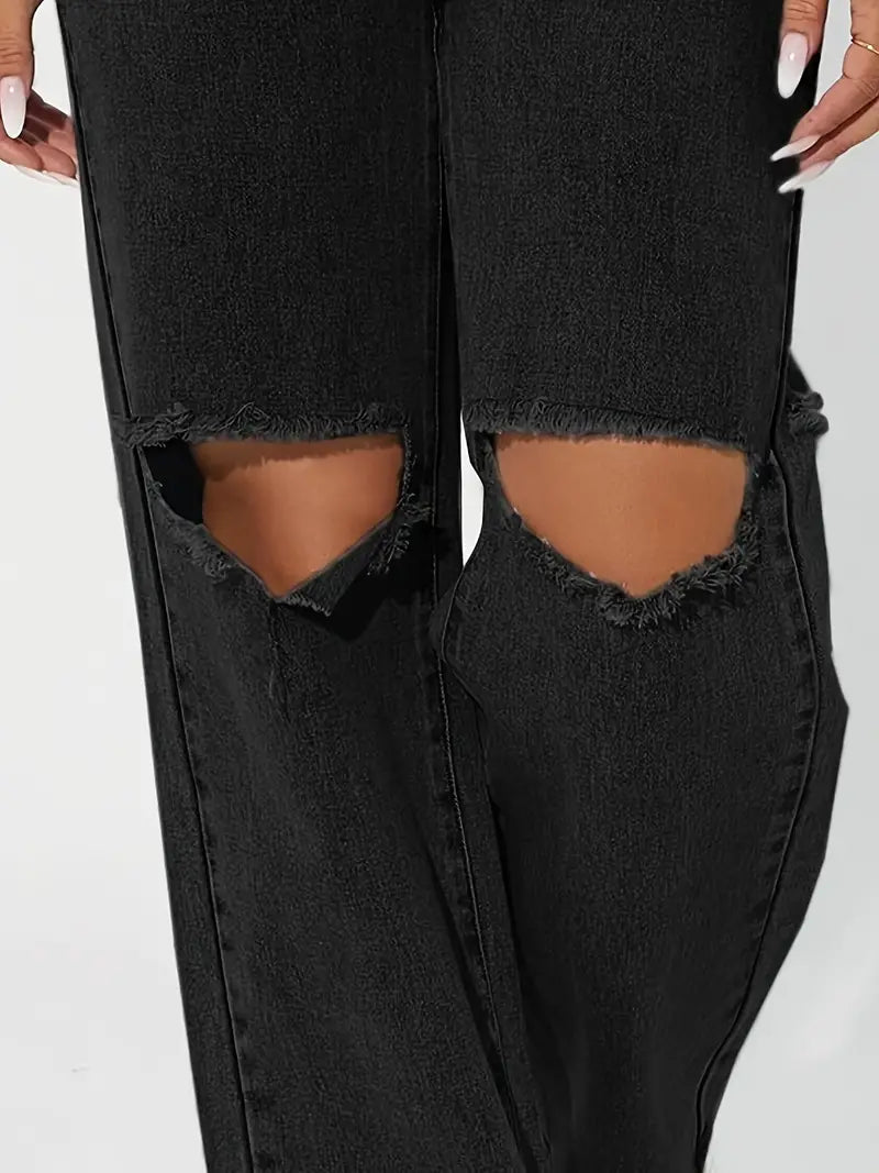 Women’s High-Rise Ripped Knee Boyfriend Jeans – Black Cotton Loose Straight-Leg Denim, S–XL