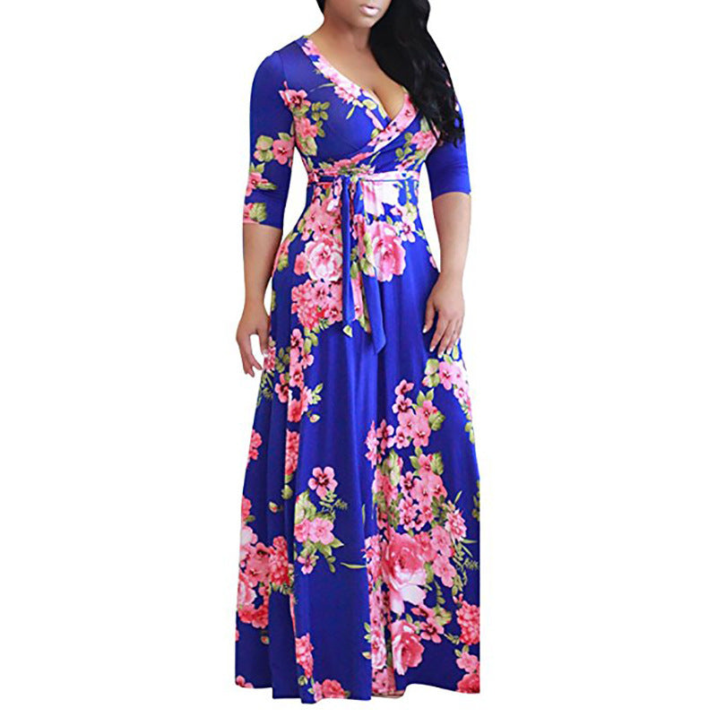 Plus Size Floral Maxi Dress – Women’s V-Neck Tie-Waist Summer Dress S–5XL