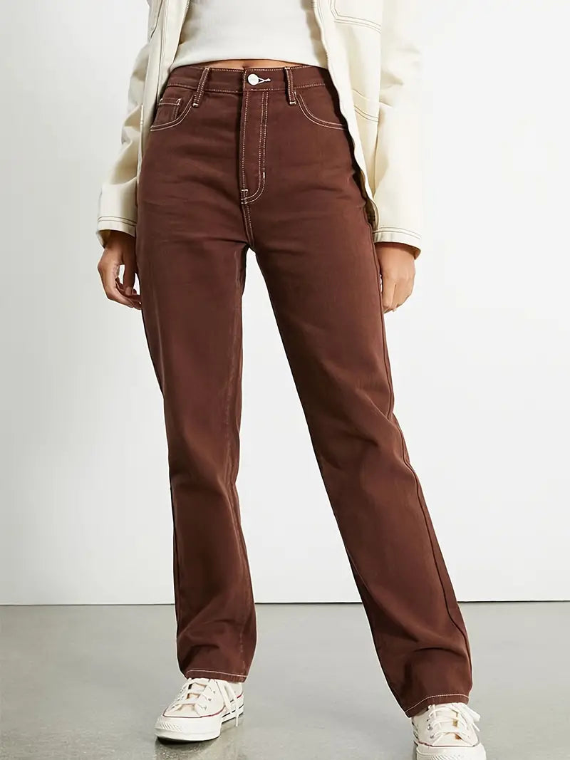 Women’s High-Waist Straight-Leg Jeans – Cotton Denim with Slash Pockets, XS–L