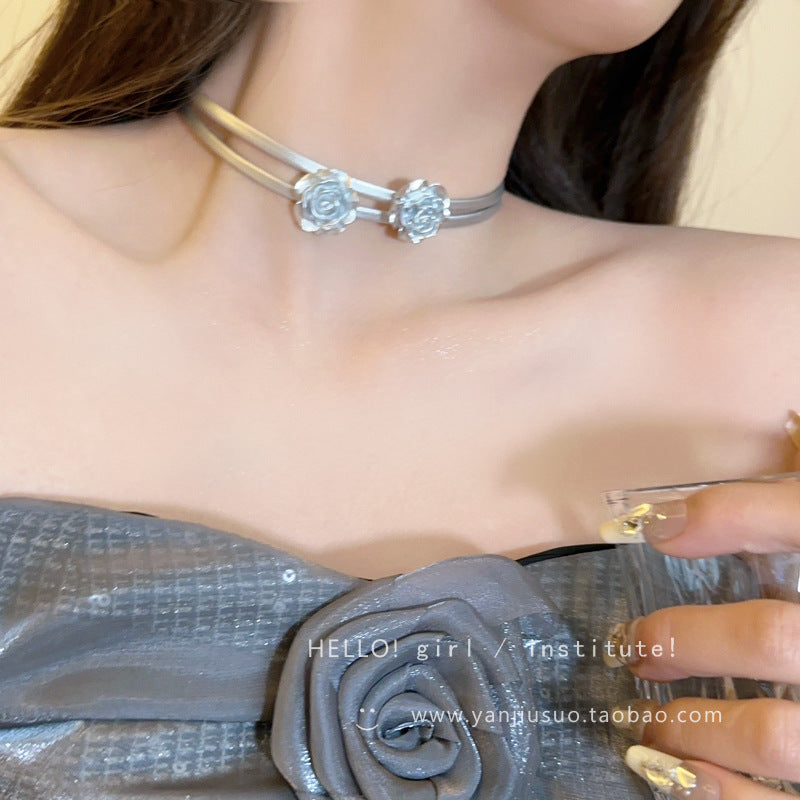 Silver Rose Choker Necklace for Women - Layered Design