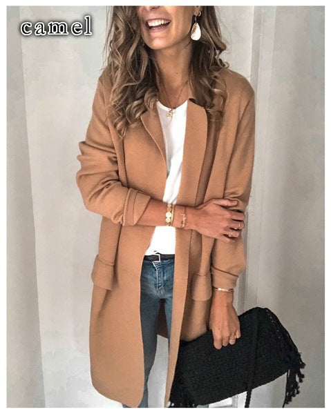 Women’s Casual Long-Sleeve Blazer – Solid Color Suit Collar Jacket with Faux Pockets, S–3XL
