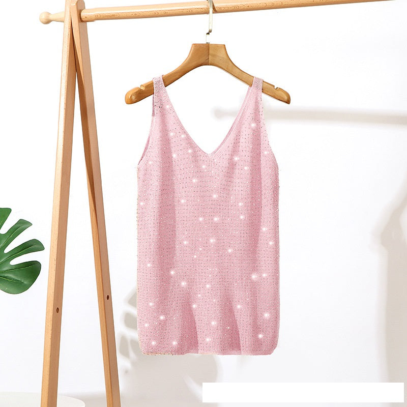 Inlaid Hot Diamond V-neck Knitted T-shirt for Women