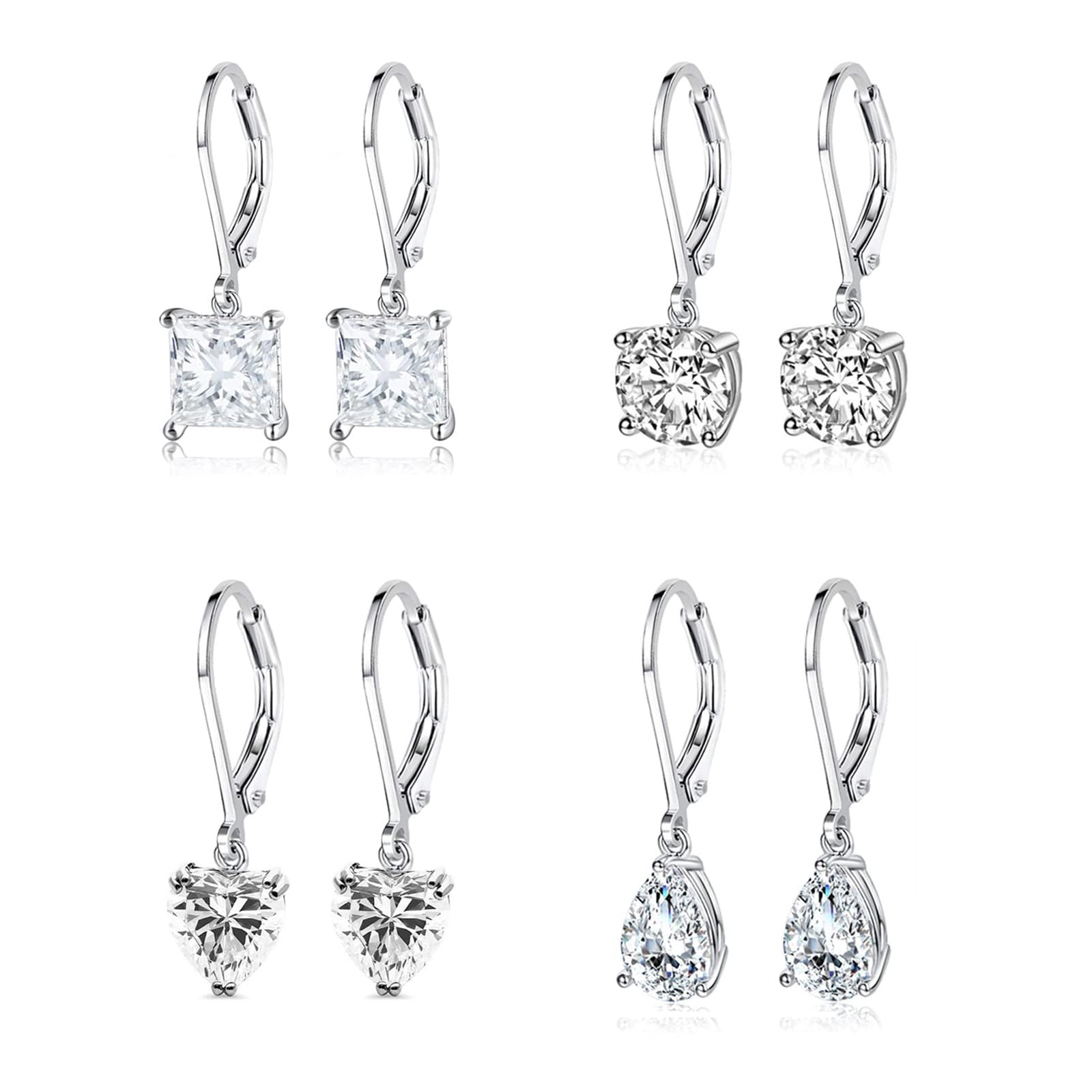 925 Sterling Silver Drop Earrings Set – 5A Cubic Zirconia Dangle Earrings, 4 Pairs