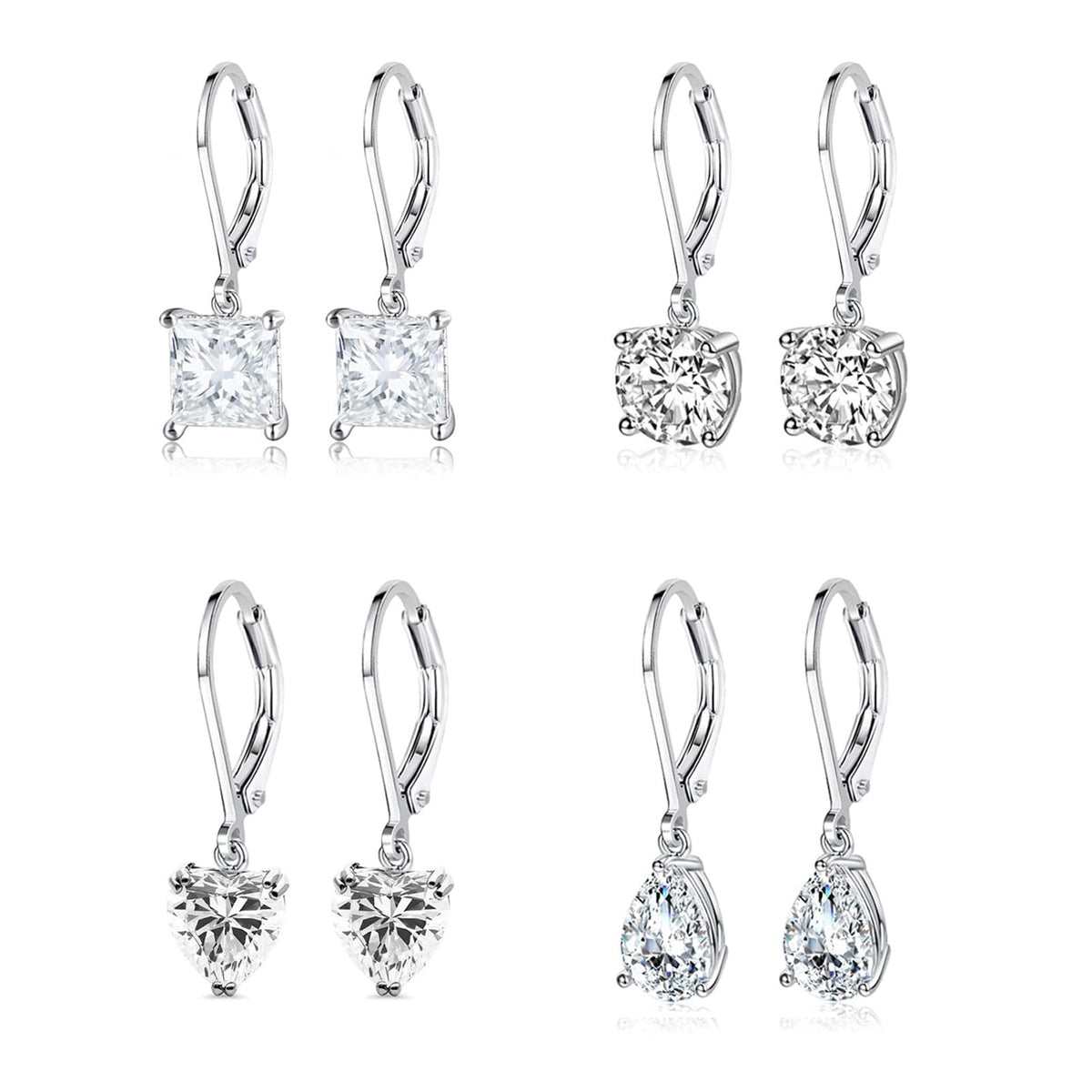 925 Sterling Silver Drop Earrings Set – 5A Cubic Zirconia Dangle Earrings, 4 Pairs