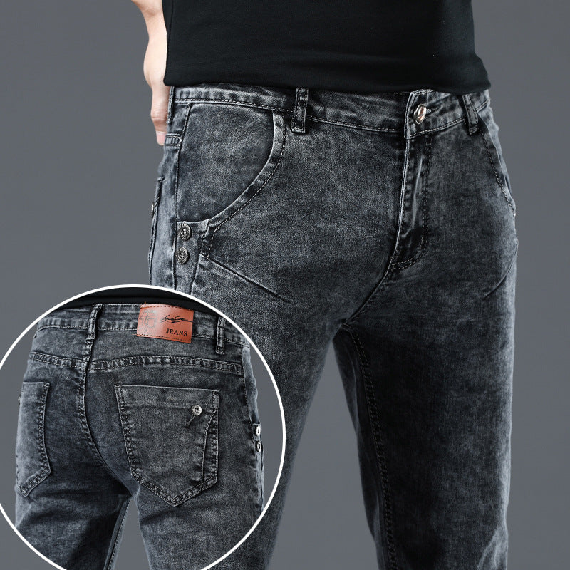 Men’s Korean Slim-Fit Stretch Skinny Jeans – Cotton Micro-Elastic Grey Pencil Denim Pants, Sizes 27–36
