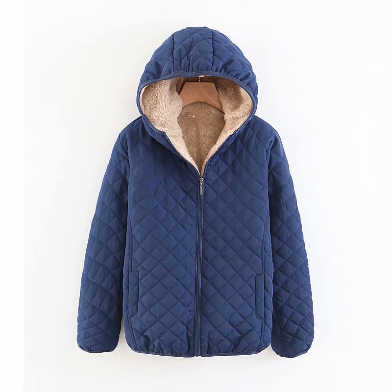 Women’s Plus Size Korean Plaid Fleece Jacket – Hooded Lamb Fleece Winter Coat, 10 Colors, S–3XL