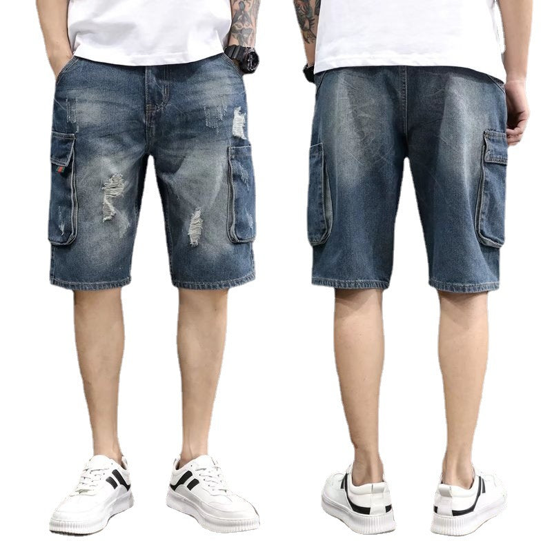 Men’s Summer Loose-Fit Cargo Denim Shorts – Casual Multi-Pocket Beach Shorts