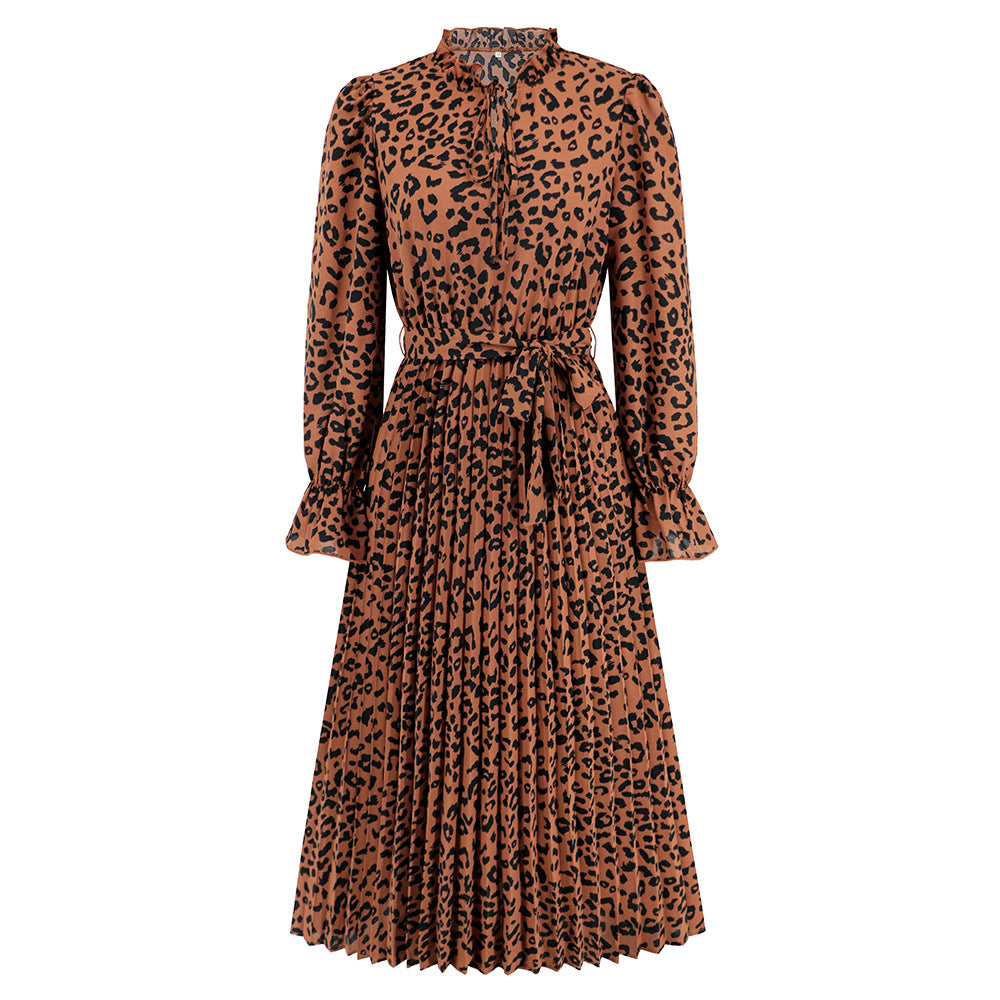 Women’s Leopard Print Pleated Dress – Stand Collar Slim-Fit Lace-Up Midi Dress