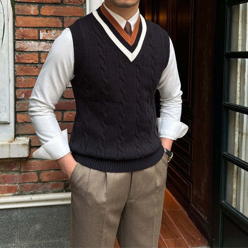 Men’s Retro Knitted Sleeveless Vest Sweater – Cotton Blend V-Neck Pullover, 3 Colors, M–3XL