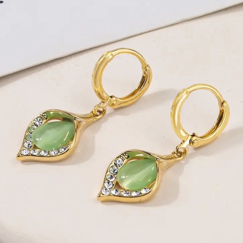 Cat’s Eye Teardrop Earrings – Geometric Alloy Jewelry with Sparkling Accents