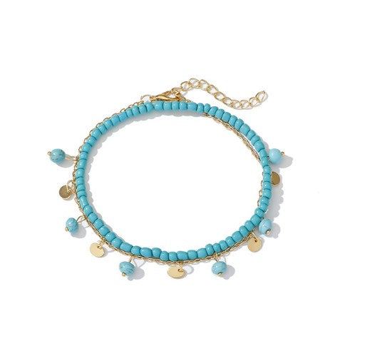 Round Bead Anklet with Turquoise - Bohemian Style