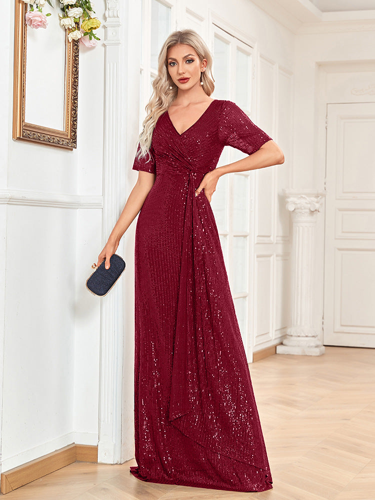 V-Neck Sequin Fishtail Short Sleeve Dress for Women – Elegant Party Evening Dress