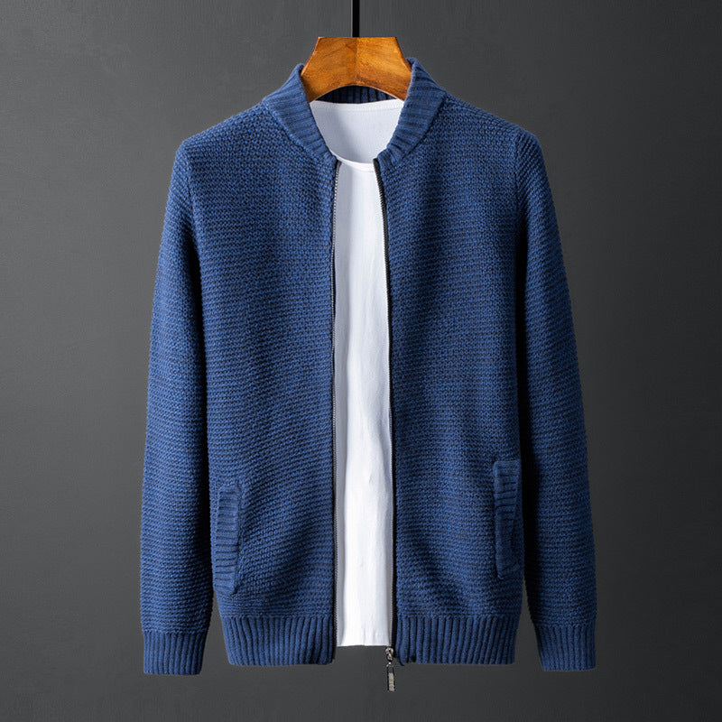 Men’s Pure Cotton Stand Collar Cardigan Sweater – Slim-Fit Long Sleeve Knit, 4 Colors, M–5XL