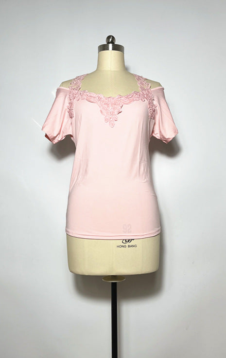 V-Neck Patchwork Lace Casual Loose T-Shirt for Women