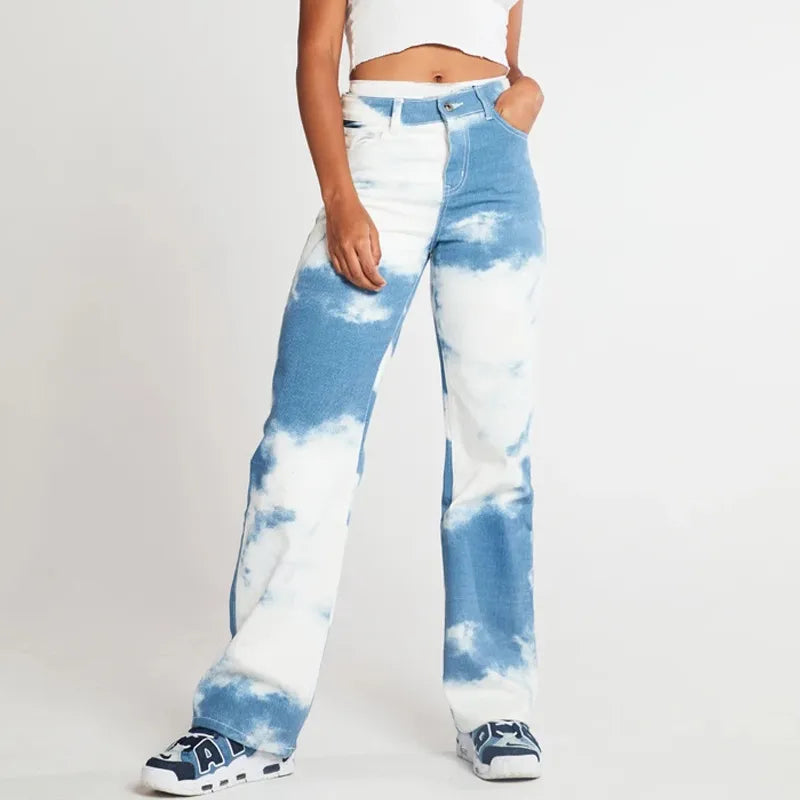 Women’s Tie-Dye Print Straight-Leg Jeans – Stretch Blue Denim Relaxed Fit, XS–2XL