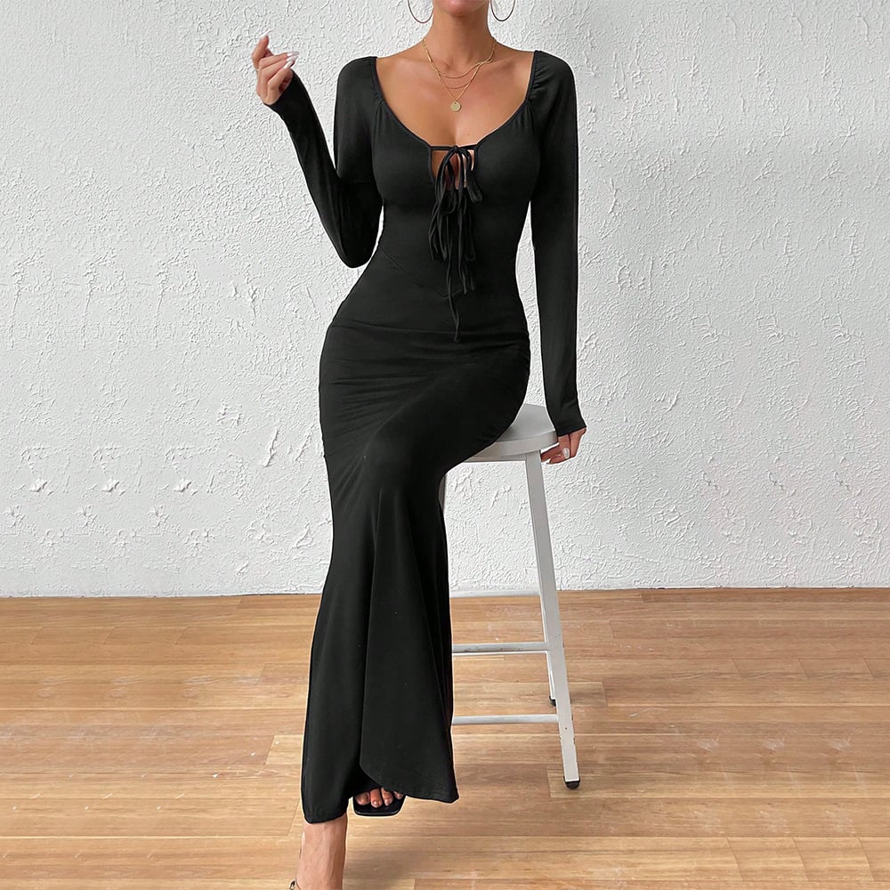 Women’s Elegant U-Neck Long Sleeve Dress – Slim-Fit Black Bodycon Dress