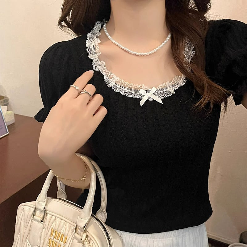 French Puff Sleeve T-Shirt for Women, Retro Chic Style