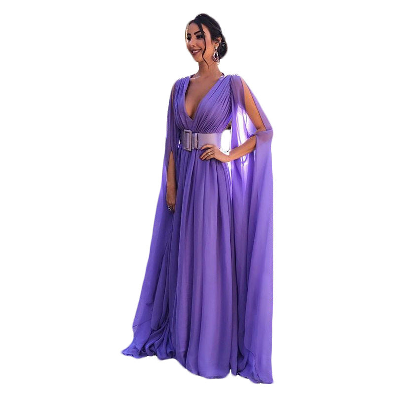 Women’s Deep V-Neck Chiffon Evening Gown – Elegant Long Formal Dress