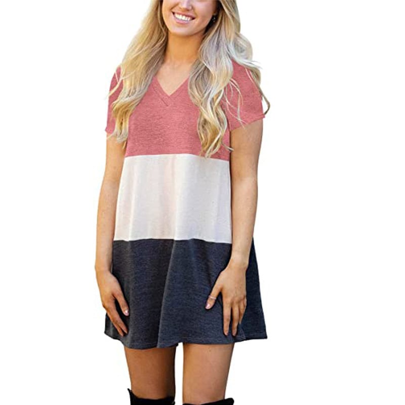 Color Matching V-neck Loose T-shirt Dress for Women