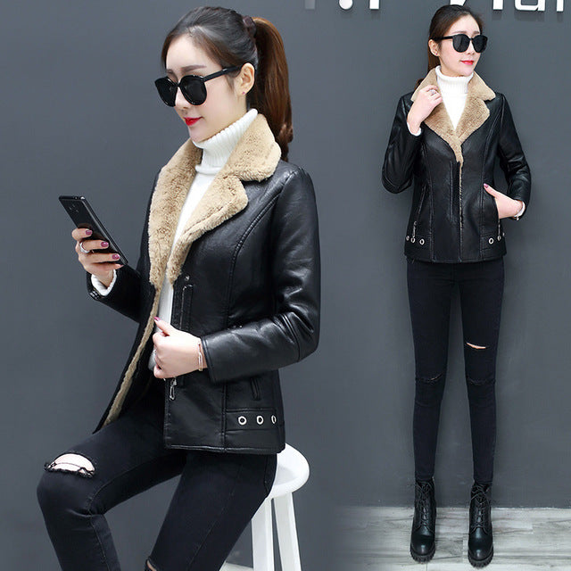 SEPARQI Women’s Slim-Fit Leather Jacket – Faux Fur Collar Medium-Length Winter Coat, Beige & Black, S–3XL