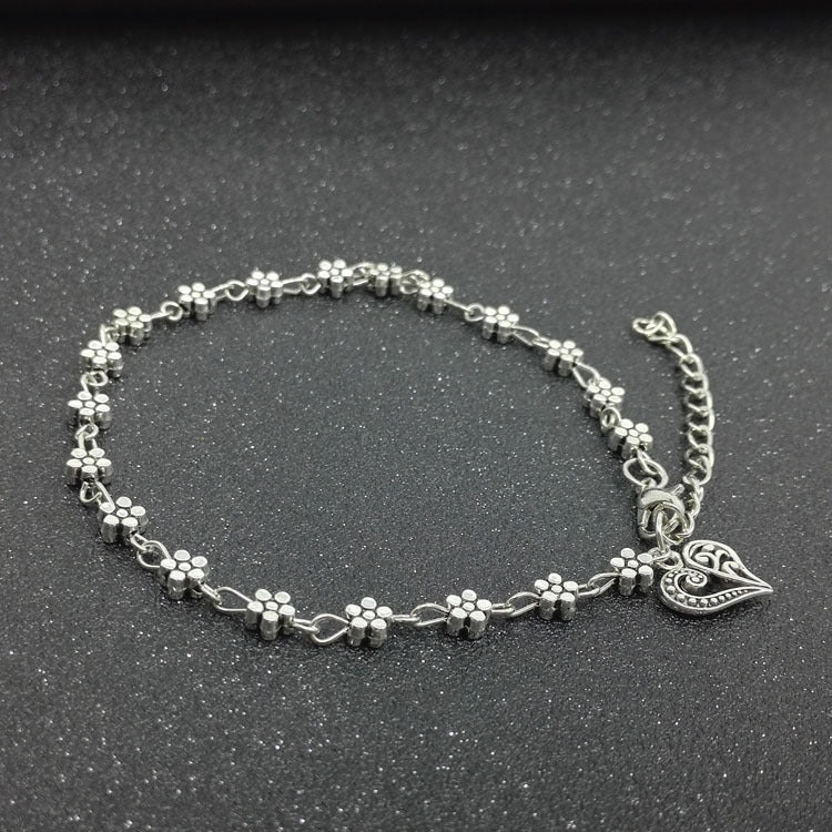 Tibetan Silver Hollow Plum Blossom Heart Anklet