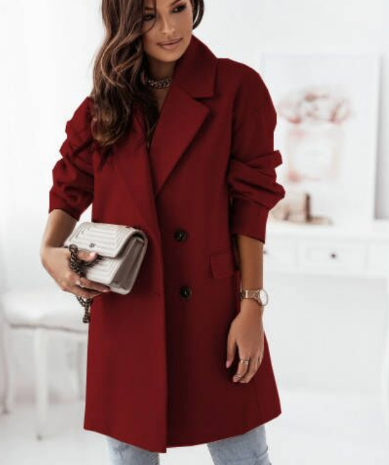 Women’s Double-Breasted Long Coat – Blazer Collar Tailored Polyester Coat, S–2XL