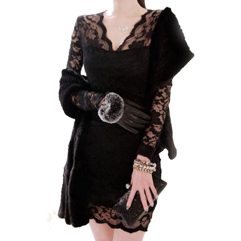 Women’s Black Lace Long-Sleeve Autumn Dress – Elegant Polyester Base Dress, S–XL