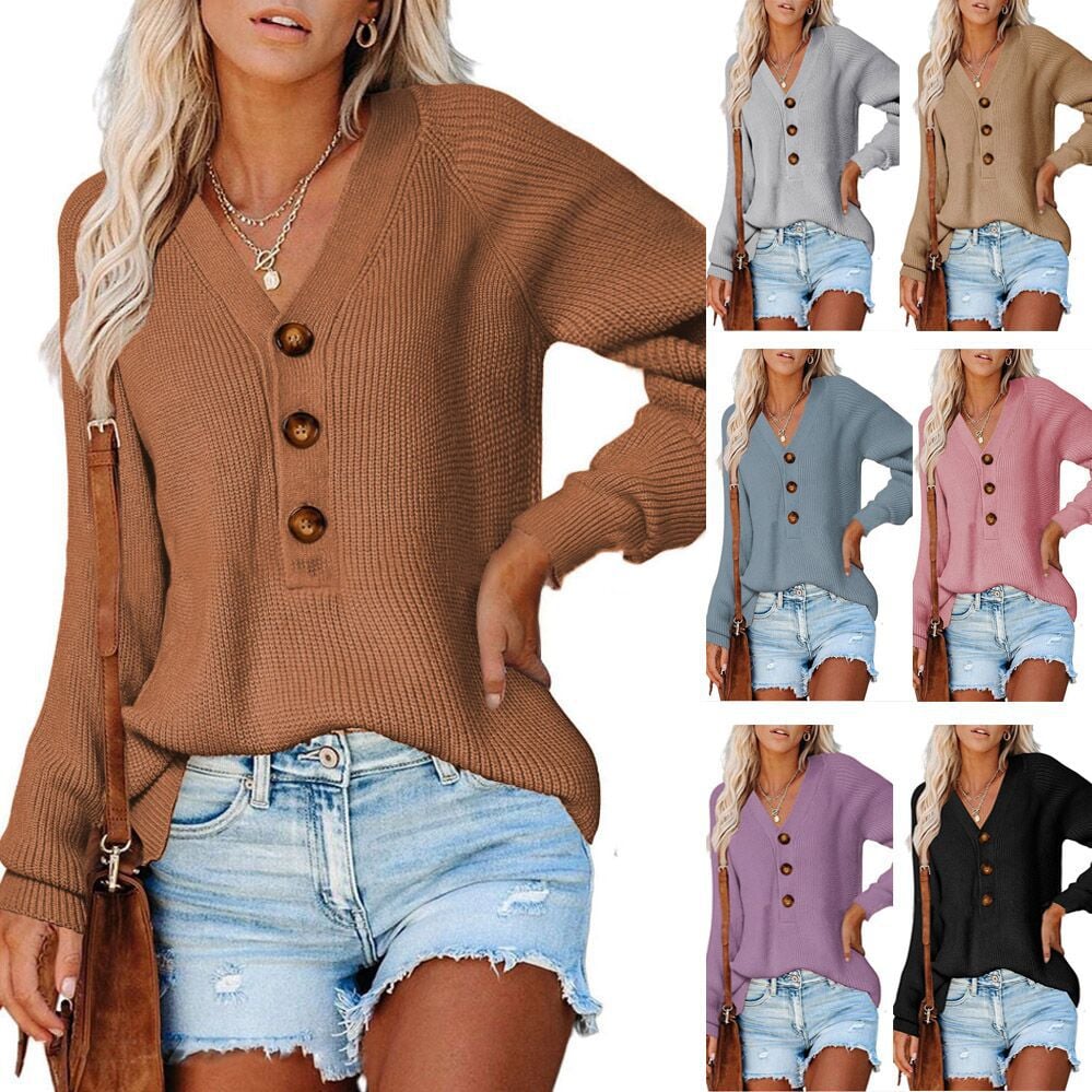 Women’s Button Knitted V-Neck Sweater – Cotton Loose-Fit Long Sleeve Pullover, 11 Colors, S–3XL