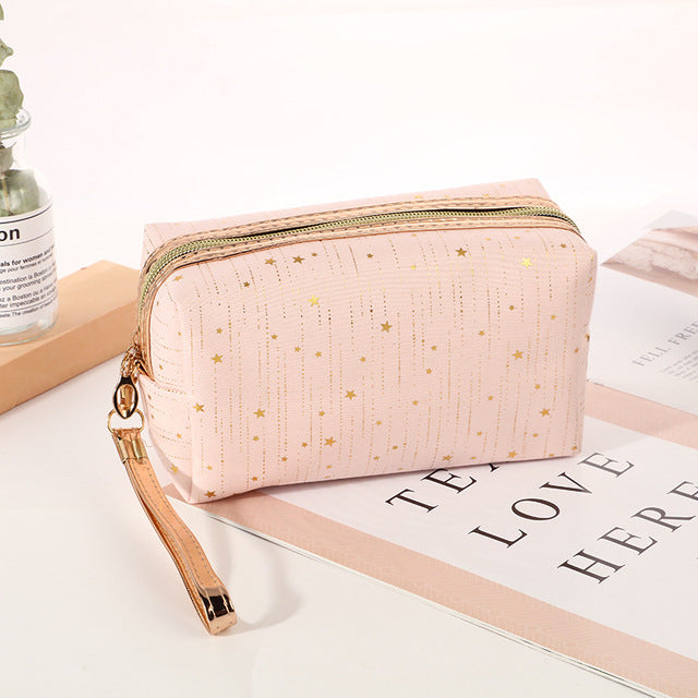 Bling Stars Cosmetic Bag for Women – Waterproof PU Travel Makeup & Toiletry Organizer