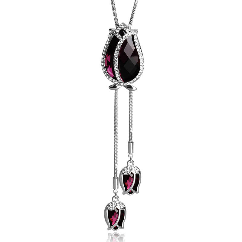 Women’s Tulip Crystal Sweater Chain Necklace – 98cm Long Alloy Pendant Necklace, Purple & Blue
