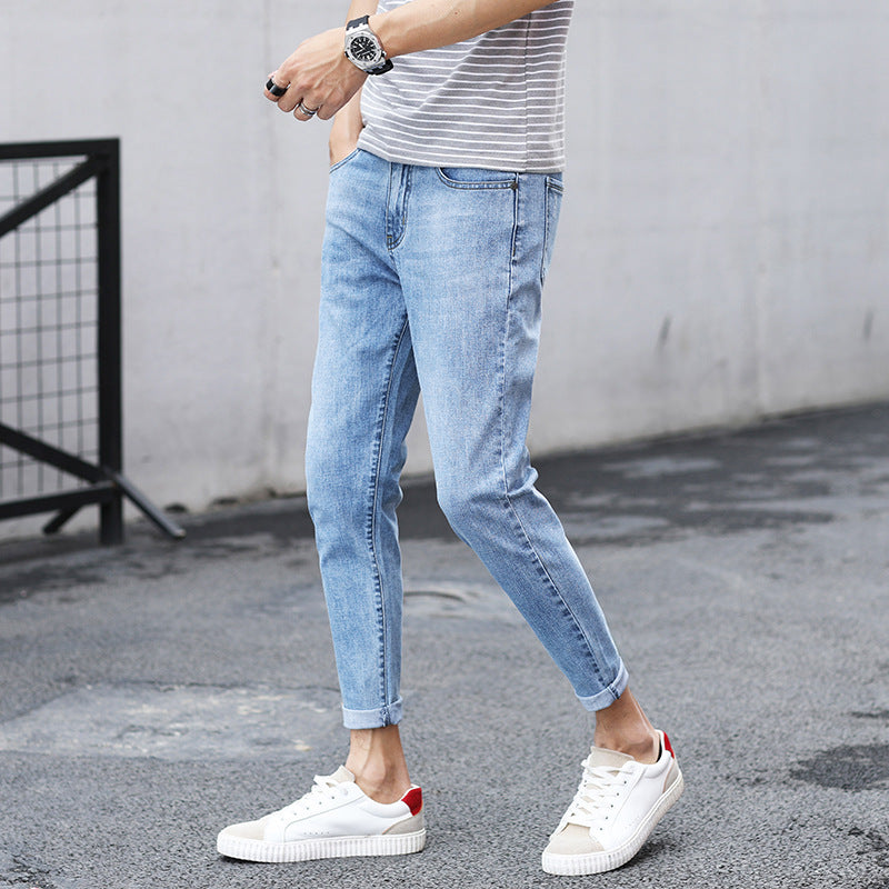 Men’s Slim-Fit Cropped Jeans – 67.1% Cotton Stretch Grey Blue Denim Pants, Sizes 27–36