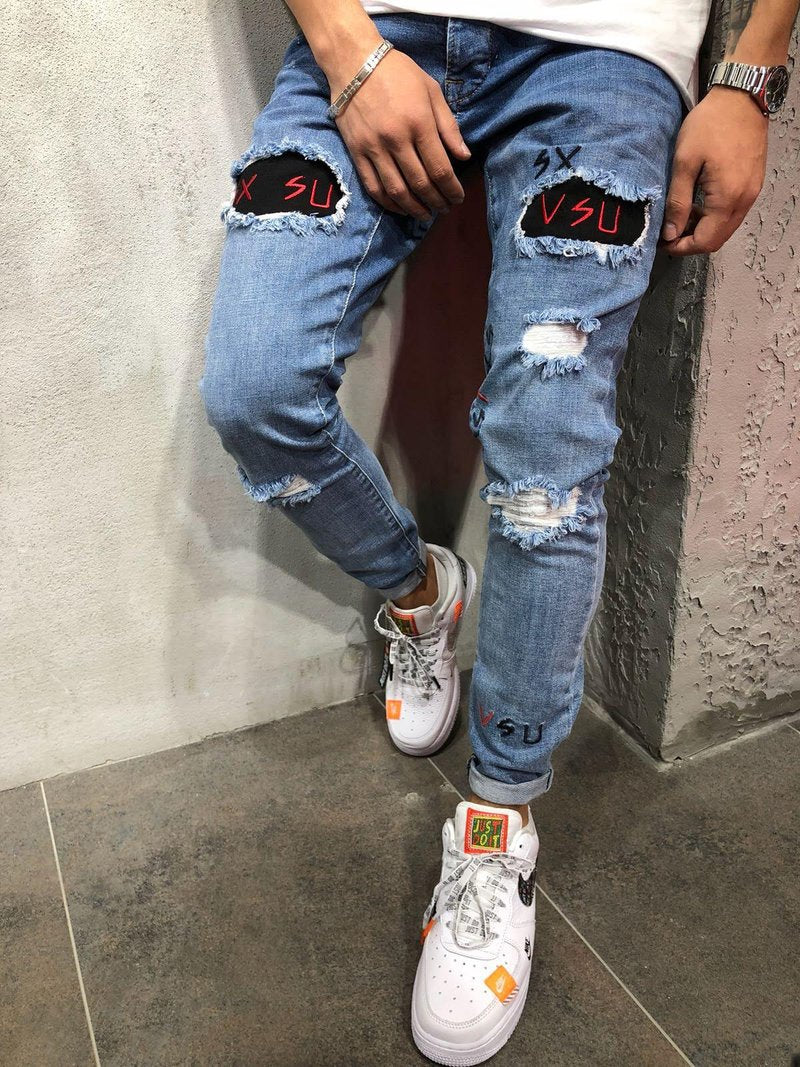 Men’s Embroidered Ripped Denim Pants – Casual Streetwear Jeans – USA
