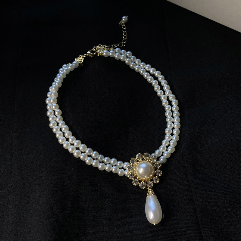 Korean Vintage Pearl Tassel Floral Bow Choker Necklace