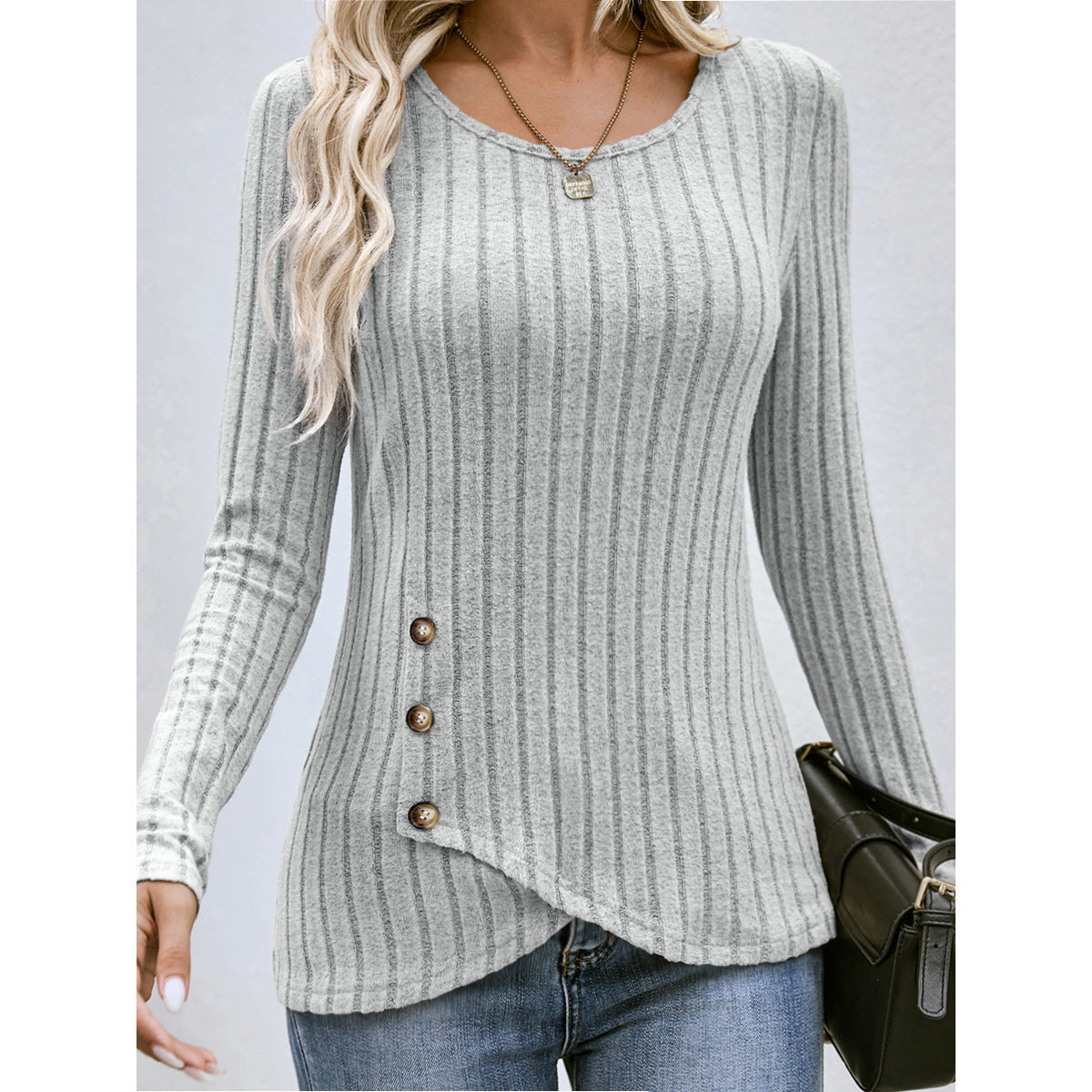 Women’s Button Round Neck Sweater – Slim-Fit Pleated Polyester Pullover, 4 Colors, S–XXL