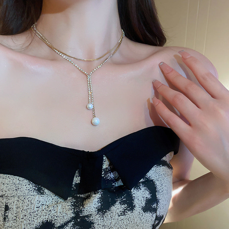 Korean Vintage Pearl Tassel Floral Bow Choker Necklace