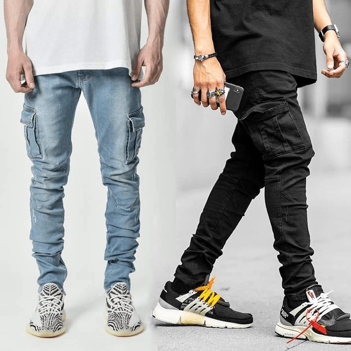 Fashionable Multi-Pocket Men’s Tooling Jeans – Cotton Utility Cargo Denim in Black & Light Blue, S–4XL