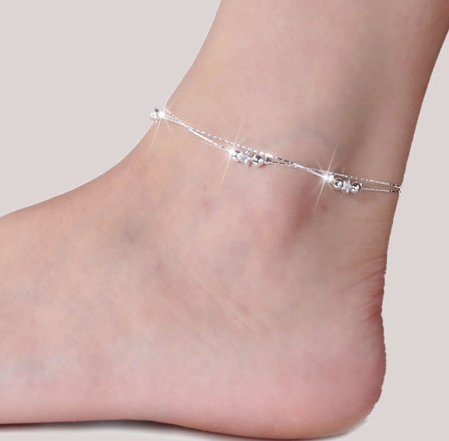 Silver Double Layer Star and Heart Charm Anklet