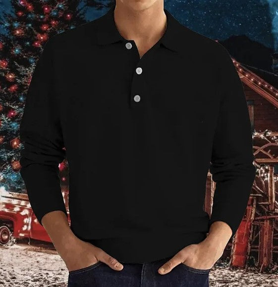 Men’s Long Sleeve V-Neck Button Polo Shirt – Cotton Blend Smart Casual Top, S–3XL