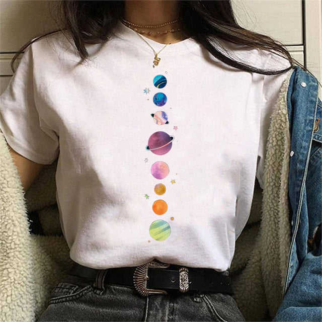 Aesthetic Universe Planets Graphic T-Shirt for Women