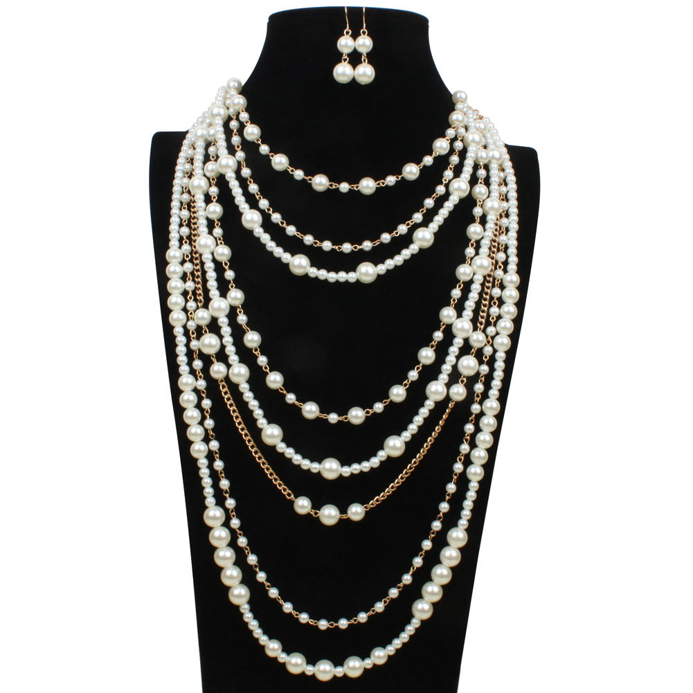 Women’s Handcrafted Multi-Layer Pearl Necklace – Elegant White Statement Jewelry, 46cm + 8cm Extension
