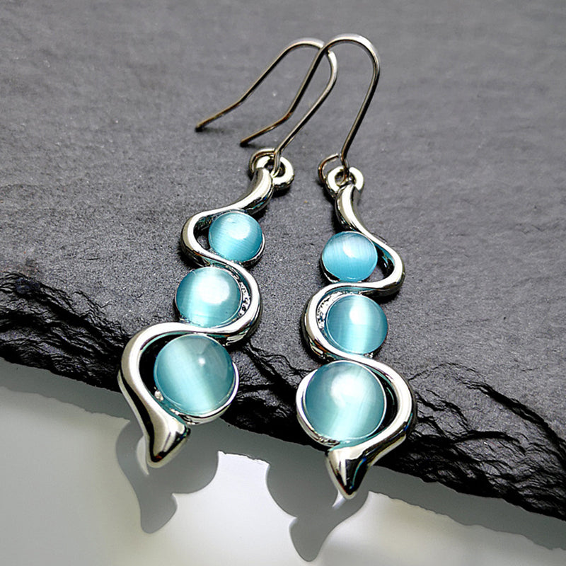 Bohemian Blue Wave Earrings with Sea Blue Cat’s Eye Gemstones