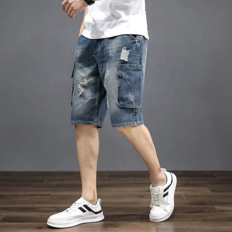Men’s Summer Loose-Fit Cargo Denim Shorts – Casual Multi-Pocket Beach Shorts