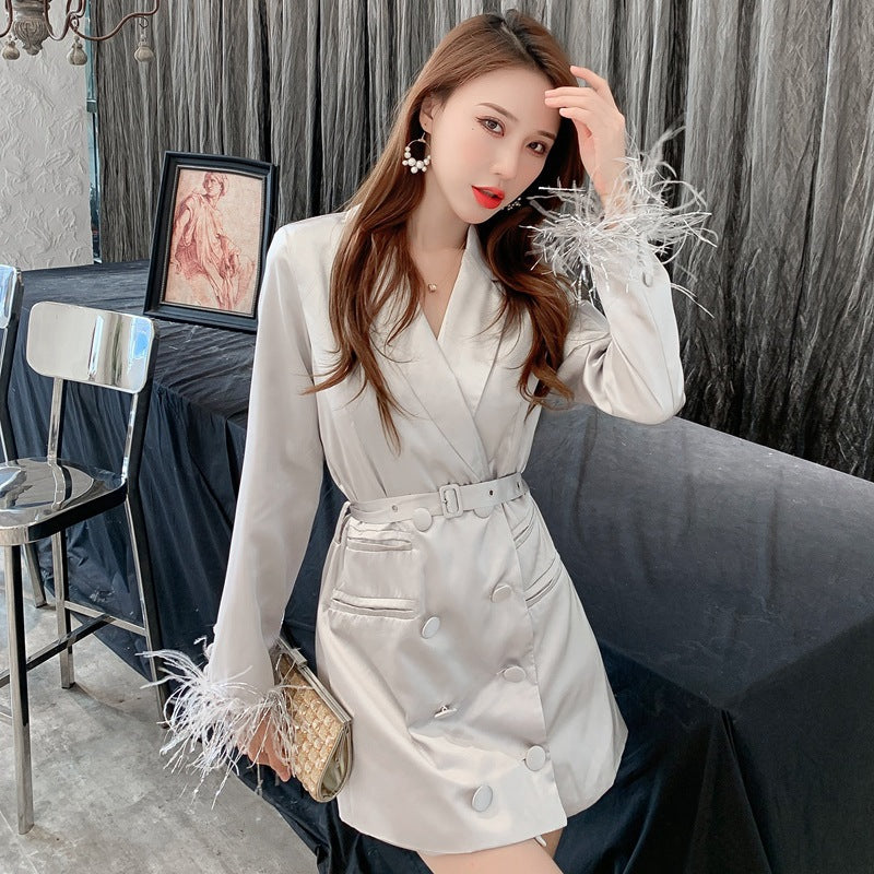CHICYOU Women’s Satin Blazer – Rabbit Hair Spliced Luxury Jacket with Statement Sleeves, S–L