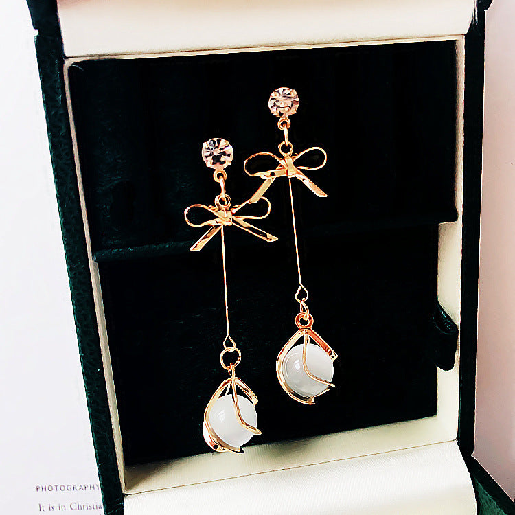 Korean Bowknot Cat’s Eye Tassel Earrings – Minimalist Long Drop Jewelry