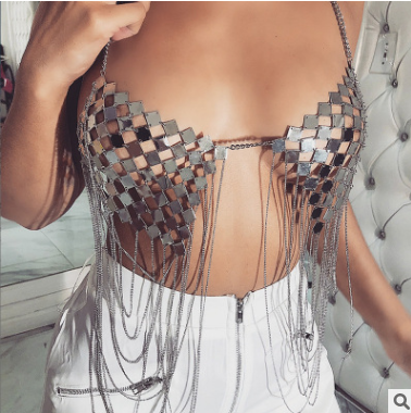 Women’s Geometric Metal Chest Body Chain – Gold & Silver Heart Statement Necklace, 221g